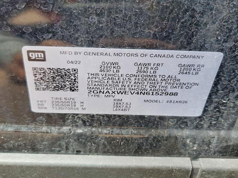 Продаж на аукціоні авто 2022 Chevrolet Equinox, vin: 2GNAXWEV4N6152988, номер лоту: 52002466