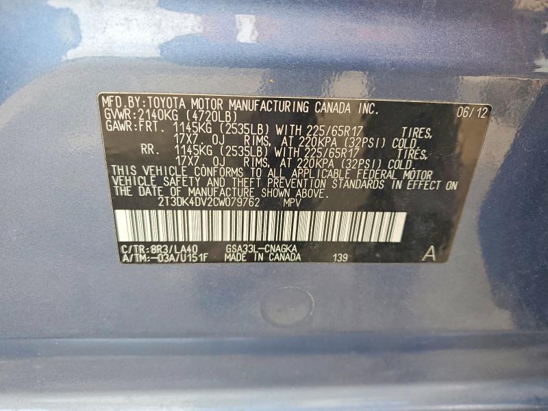 Aukcja sprzedaży 2012 Toyota Rav4, vin: 2T3DK4DV2CW079762, numer aukcji: 52762146