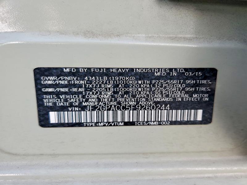 Продаж на аукціоні авто 2015 Subaru Xv Crosstrek, vin: JF2GPACC5F9260244, номер лоту: 52562196