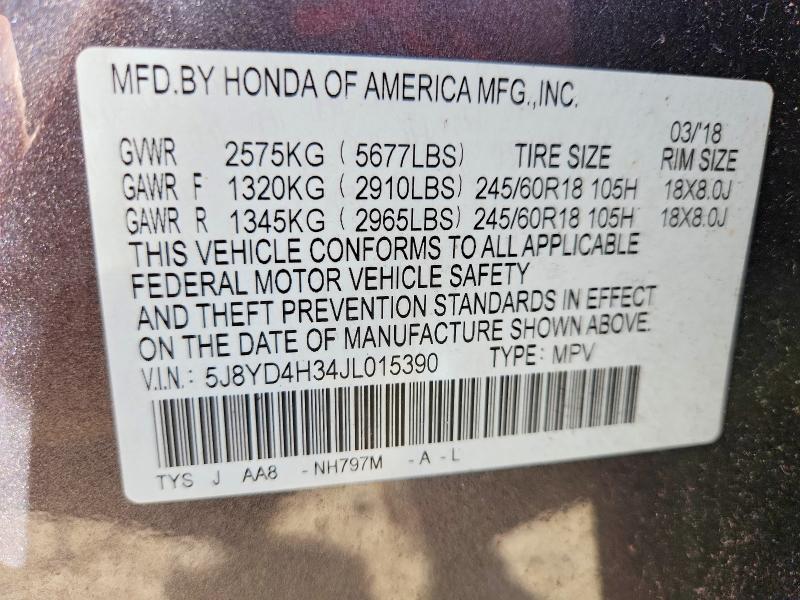 54155216 :رقم المزاد ، 5J8YD4H34JL015390 vin ، 2018 Acura Mdx مزاد بيع