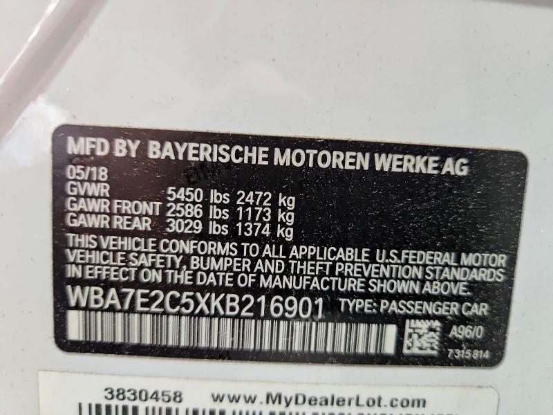 53769156 :رقم المزاد ، WBA7E2C5XKB216901 vin ، 2019 Bmw 740 مزاد بيع