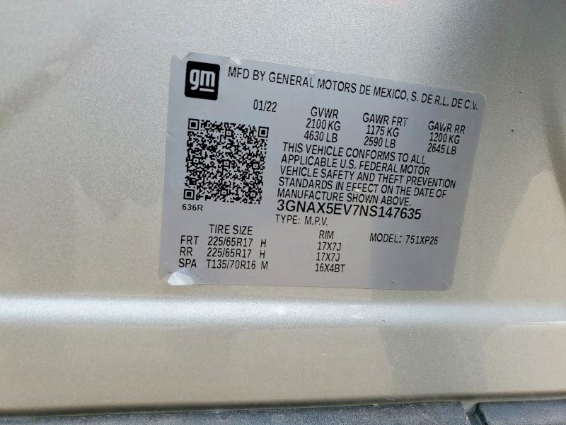 Aukcja sprzedaży 2022 Chevrolet Equinox, vin: 3GNAX5EV7NS147635, numer aukcji: 53225936