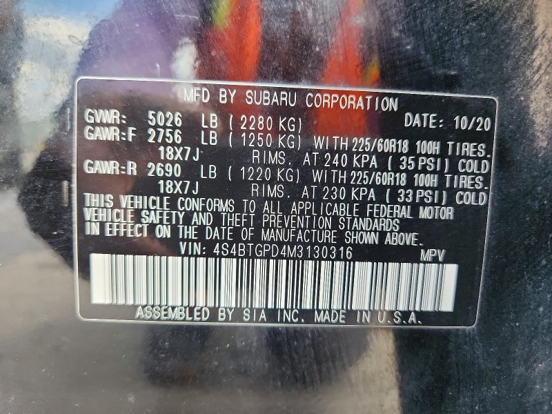 Aukcja sprzedaży 2021 Subaru Outback, vin: 4S4BTGPD4M3130316, numer aukcji: 52759636