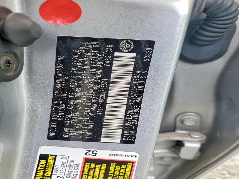 Auction sale of the 2019 Toyota Camry, vin: 4T1B11HKXKU715571, lot number: 54544476