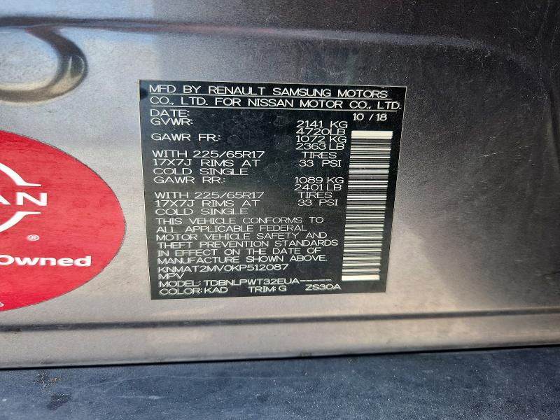 52805356 :رقم المزاد ، KNMAT2MV0KP512087 vin ، 2019 Nissan Rogue مزاد بيع