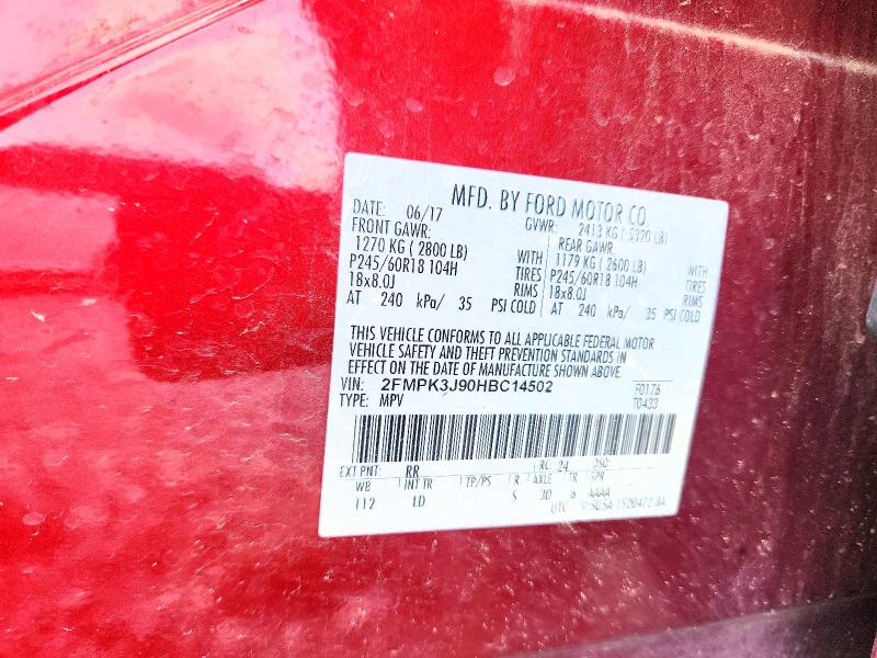 52774556 :رقم المزاد ، 2FMPK3J90HBC14502 vin ، 2017 Ford Edge مزاد بيع
