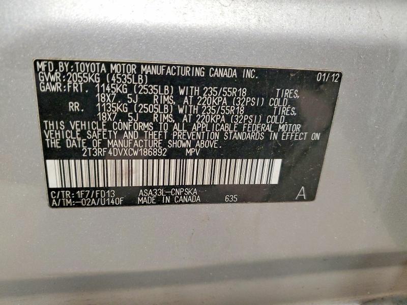 Aukcja sprzedaży 2012 Toyota Rav4, vin: 2T3RF4DVXCW186892, numer aukcji: 53842046