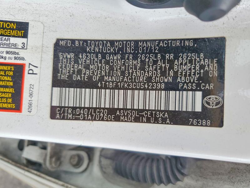 53608206 :رقم المزاد ، 4T1BF1FK3CU542398 vin ، 2012 Toyota Camry مزاد بيع