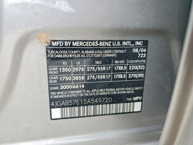 2005 Mercedes-benz Ml მანქანა იყიდება აუქციონზე, vin: 4JGAB57E15A549720, აუქციონის ნომერი: 50603866