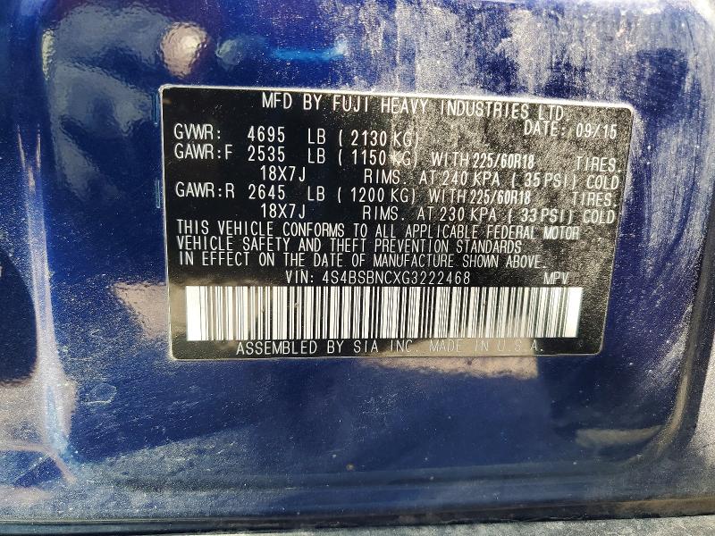 Aukcja sprzedaży 2016 Subaru Outback, vin: 4S4BSBNCXG3222468, numer aukcji: 50754076