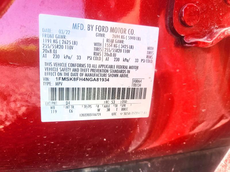 53400626 :رقم المزاد ، 1FMSK8FH4NGA81934 vin ، 2022 Ford Explorer مزاد بيع