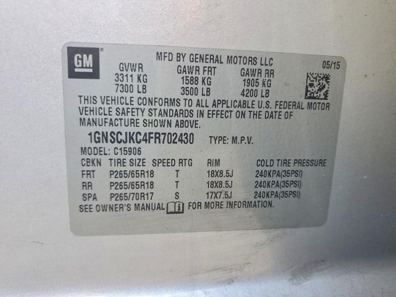 2015 Chevrolet Suburban მანქანა იყიდება აუქციონზე, vin: 1GNSCJKC4FR702430, აუქციონის ნომერი: 53051886