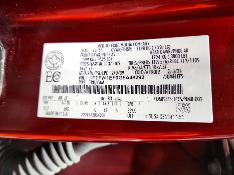 2016 Ford F150 მანქანა იყიდება აუქციონზე, vin: 1FTFW1EF9GFA48292, აუქციონის ნომერი: 52551936
