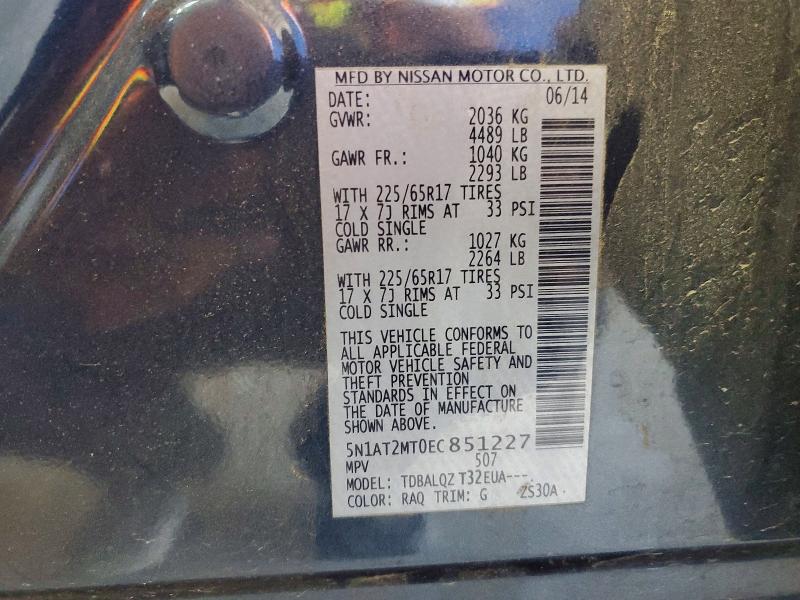 54991916 :رقم المزاد ، 5N1AT2MT0EC851227 vin ، 2014 Nissan Rogue مزاد بيع