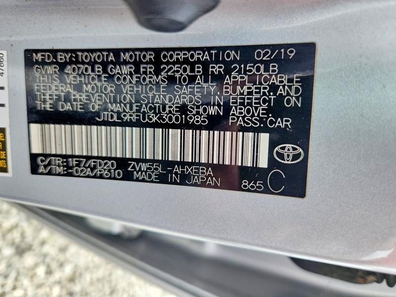 Aukcja sprzedaży 2019 Toyota Prius, vin: JTDL9RFU3K3001985, numer aukcji: 54761186