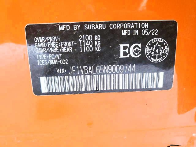 Aukcja sprzedaży 2022 Subaru Wrx, vin: JF1VBAL65N9009744, numer aukcji: 55110076