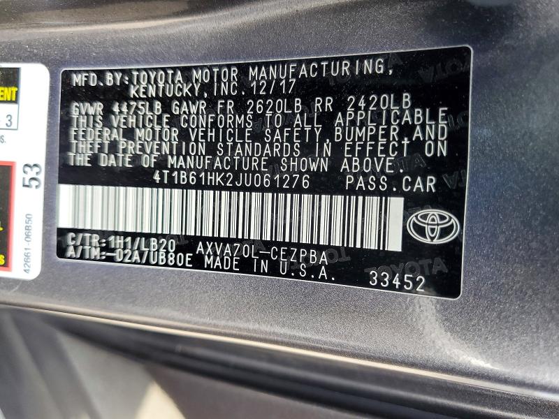 Aukcja sprzedaży 2018 Toyota Camry, vin: 4T1B61HK2JU061276, numer aukcji: 52232796