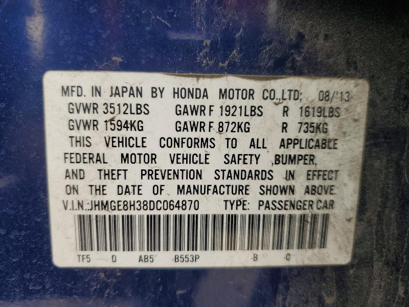 53090386 :رقم المزاد ، JHMGE8H38DC064870 vin ، 2013 Honda Fit مزاد بيع