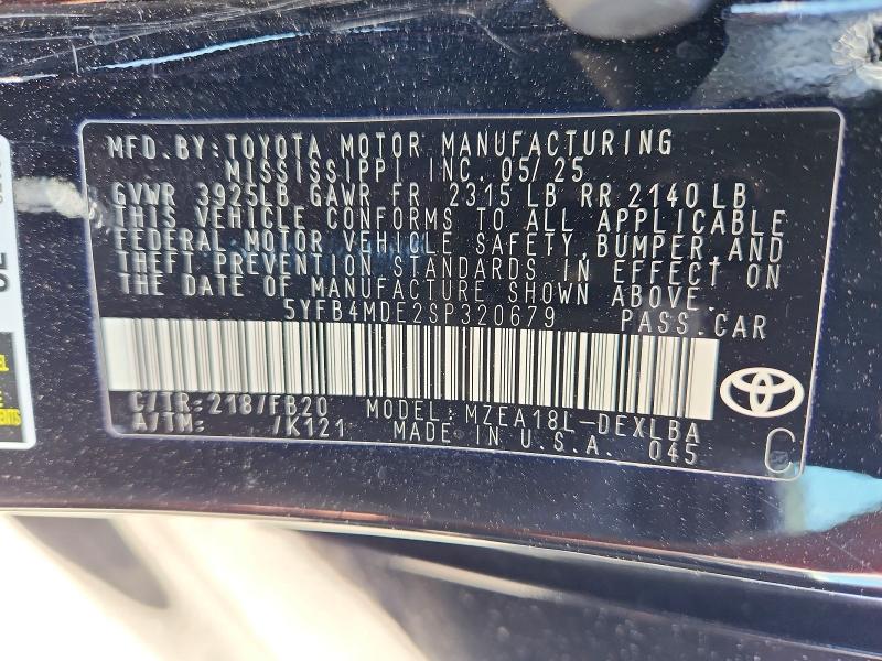 Продаж на аукціоні авто 2025 Toyota Corolla, vin: 5YFB4MDE2SP320679, номер лоту: 55334856