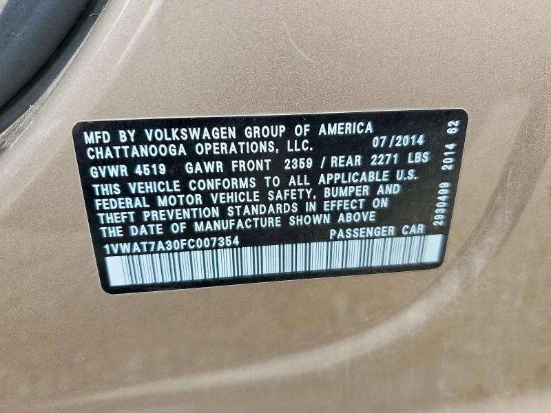 52548976 :رقم المزاد ، 1VWAT7A30FC007354 vin ، 2015 Volkswagen Passat مزاد بيع