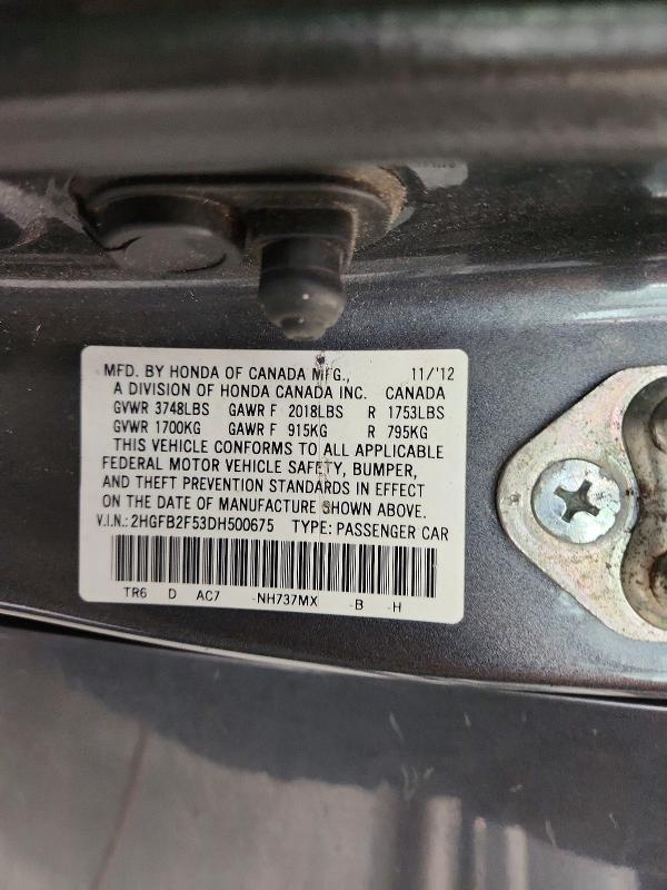 2013 Honda Civic მანქანა იყიდება აუქციონზე, vin: 2HGFB2F53DH500675, აუქციონის ნომერი: 55137866