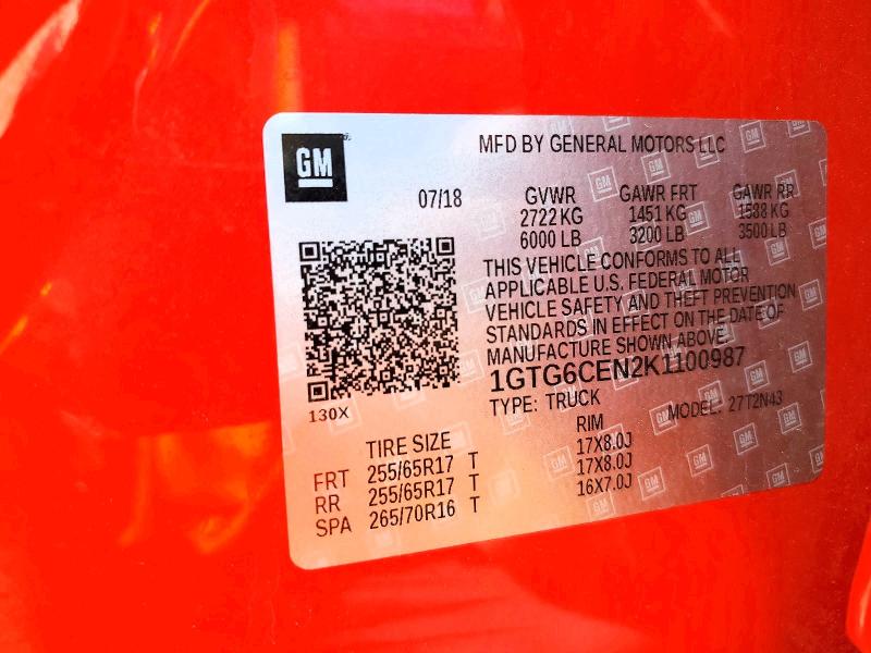 Aukcja sprzedaży 2019 Gmc Canyon, vin: 1GTG6CEN2K1100987, numer aukcji: 51909826