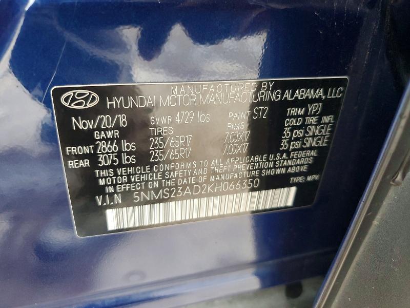 2019 Hyundai Santa Fe მანქანა იყიდება აუქციონზე, vin: 5NMS23AD2KH066350, აუქციონის ნომერი: 54307336