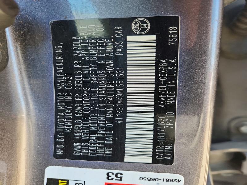 53365166 :رقم المزاد ، 4T1K31AK9MU561524 vin ، 2021 Toyota Camry مزاد بيع