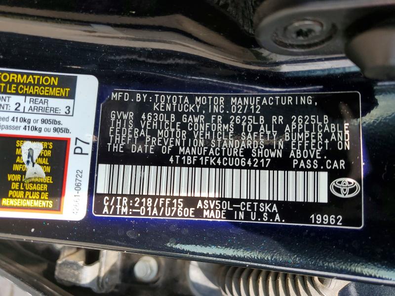 54143986 :رقم المزاد ، 4T1BF1FK4CU064217 vin ، 2012 Toyota Camry مزاد بيع