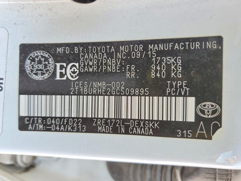 Продаж на аукціоні авто 2016 Toyota Corolla, vin: 2T1BURHE2GC509895, номер лоту: 55255286