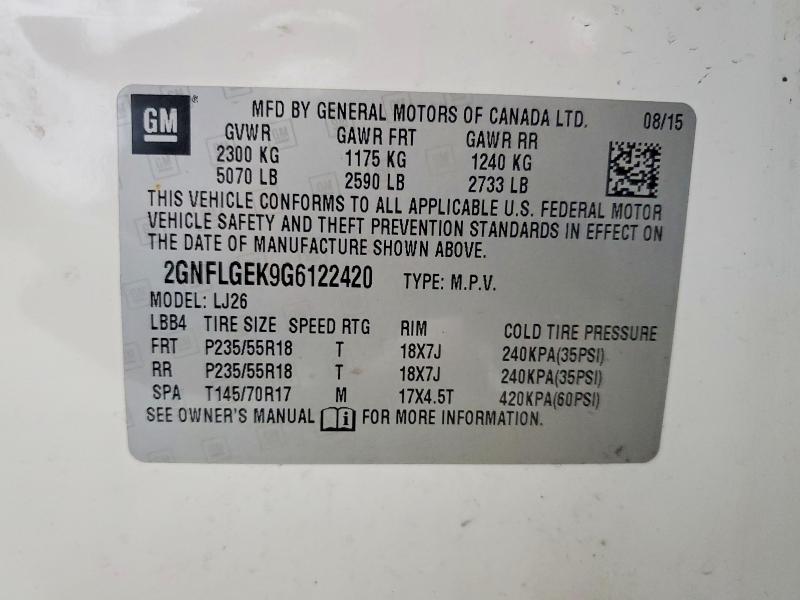 53419216 :رقم المزاد ، 2GNFLGEK9G6122420 vin ، 2016 Chevrolet Equinox مزاد بيع