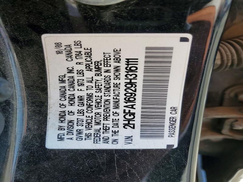 53654226 :رقم المزاد ، 2HGFA16929H316111 vin ، 2009 Honda Civic مزاد بيع