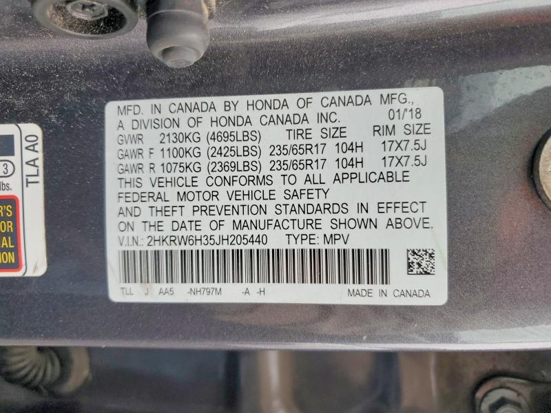 Продаж на аукціоні авто 2018 Honda Cr-v, vin: 2HKRW6H35JH205440, номер лоту: 53562446