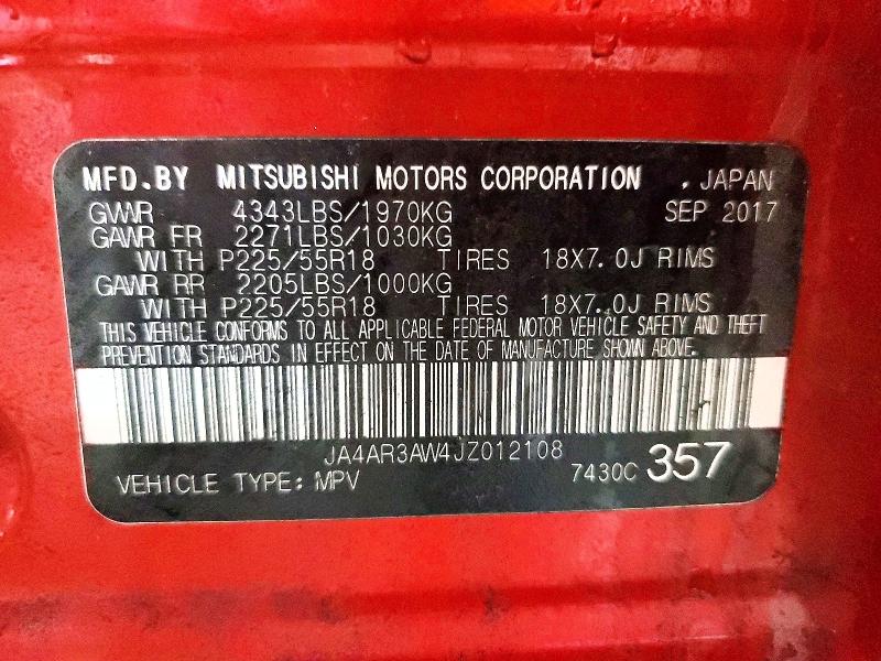2018 Mitsubishi Outlander Sport მანქანა იყიდება აუქციონზე, vin: JA4AR3AW4JZ012108, აუქციონის ნომერი: 54070816