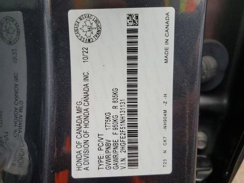 53519986 :رقم المزاد ، 2HGFE2F51NH131131 vin ، 2022 Honda Civic Sport 4dr مزاد بيع