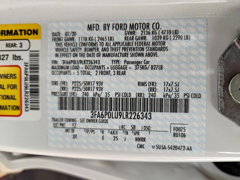 2020 Ford Fusion მანქანა იყიდება აუქციონზე, vin: 3FA6P0LU9LR226343, აუქციონის ნომერი: 54610346