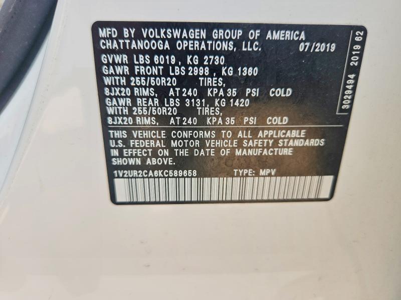 54819046 :رقم المزاد ، 1V2UR2CA6KC589658 vin ، 2019 Volkswagen Atlas مزاد بيع