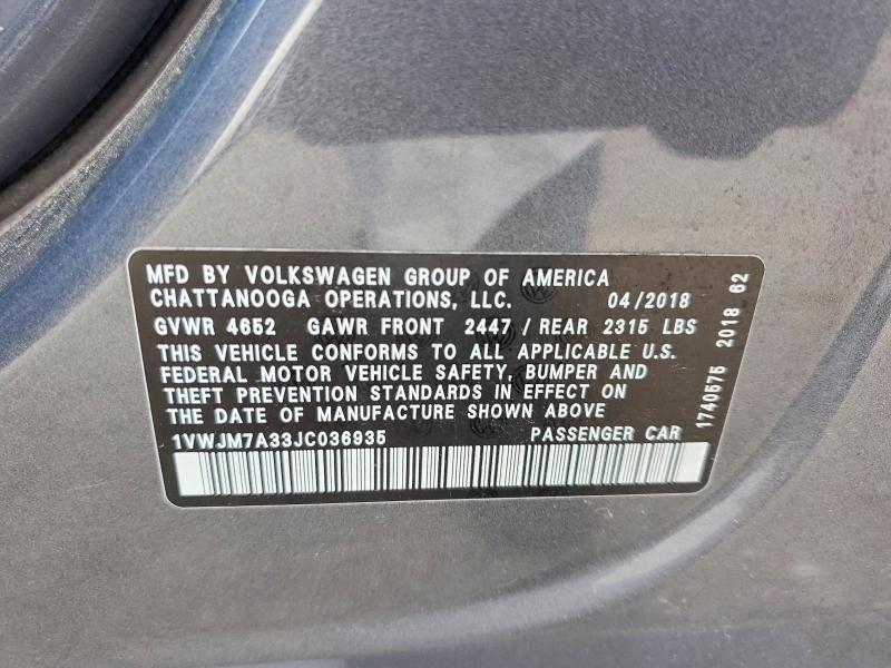 Продажа на аукционе авто 2018 Volkswagen Passat, vin: 1VWJM7A33JC036935, номер лота: 53894136