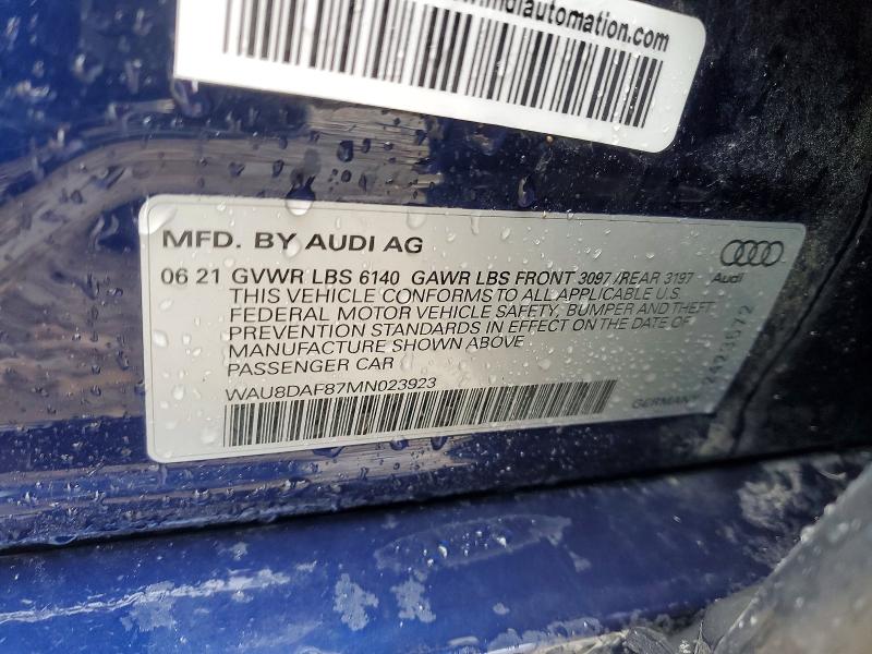 2021 Audi A8 მანქანა იყიდება აუქციონზე, vin: WAU8DAF87MN023923, აუქციონის ნომერი: 52089876