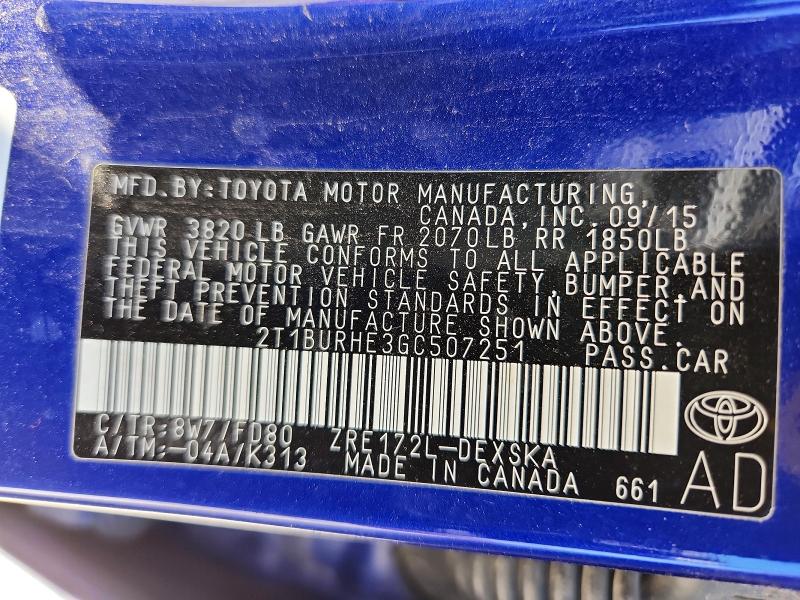 53010796 :رقم المزاد ، 2T1BURHE3GC507251 vin ، 2016 Toyota Corolla مزاد بيع