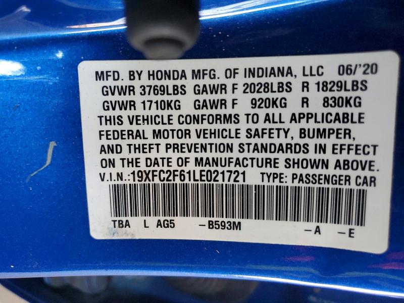 Продаж на аукціоні авто 2020 Honda Civic, vin: 19XFC2F61LE021721, номер лоту: 54522496