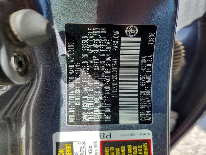 52706946 :رقم المزاد ، 4T1BK1FK2CU019644 vin ، 2012 Toyota Camry مزاد بيع