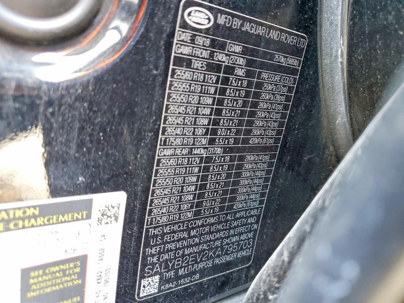 Продаж на аукціоні авто 2019 Land Rover Range Rover Velar, vin: SALYB2EV2KA795703, номер лоту: 53522876