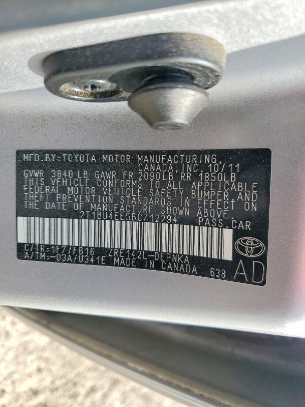 52989906 :رقم المزاد ، 2T1BU4EE5BC712294 vin ، 2011 Toyota Corolla مزاد بيع