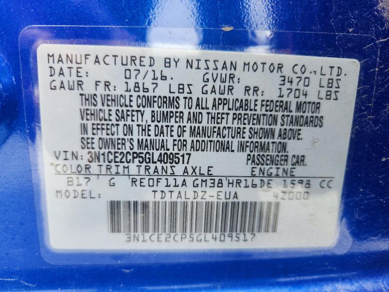 52747006 :رقم المزاد ، 3N1CE2CP5GL409517 vin ، 2016 Nissan Versa Note مزاد بيع