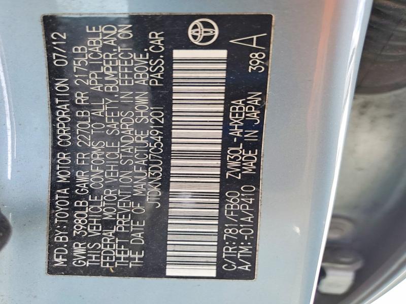 Aukcja sprzedaży 2012 Toyota Prius, vin: JTDKN3DU7C5491201, numer aukcji: 53004896