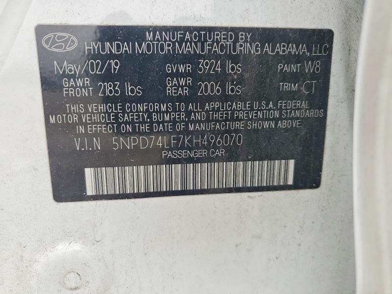 52240546 :رقم المزاد ، 5NPD74LF7KH496070 vin ، 2019 Hyundai Elantra مزاد بيع
