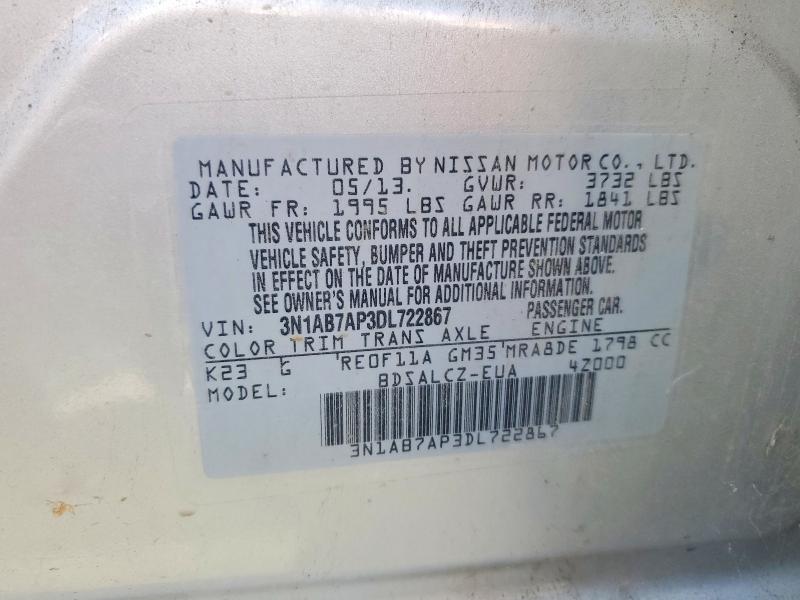 53814486 :رقم المزاد ، 3N1AB7AP3DL722867 vin ، 2013 Nissan Sentra مزاد بيع