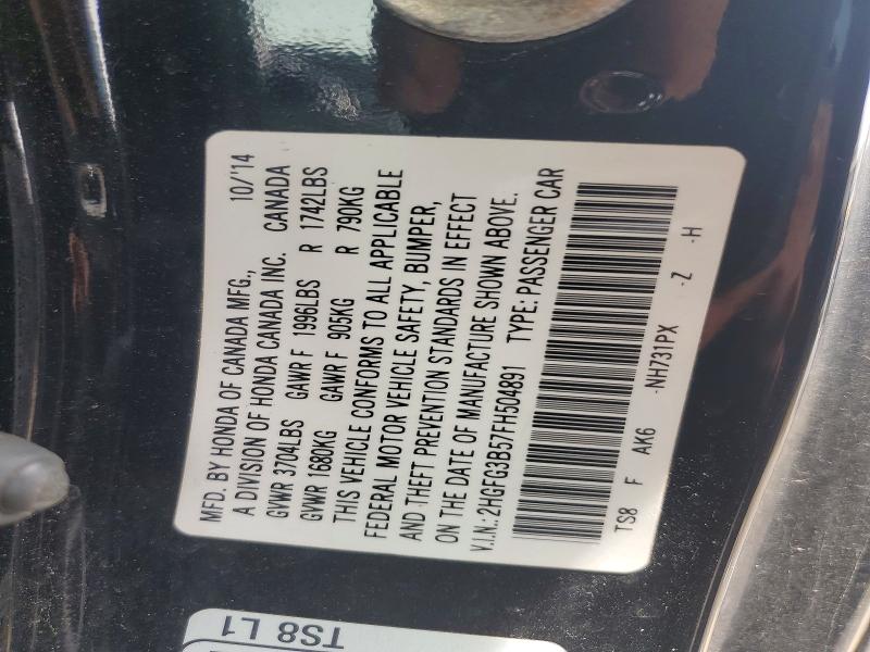 52172696 :رقم المزاد ، 2HGFG3B57FH504891 vin ، 2015 Honda Civic مزاد بيع