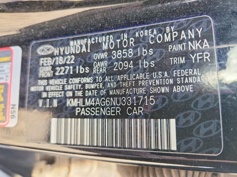 52610266 :رقم المزاد ، KMHLM4AG6NU331715 vin ، 2022 Hyundai Elantra مزاد بيع